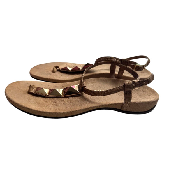 Vionic Women's Sandals Size 10 Nala T-Strap Leather Gold Stud Thong Comfort - Picture 2 of 7